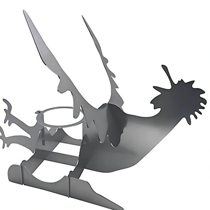 Steel motorcycle-shaped chicken roasting rack holding upright chicken with beer can on barbecue grill