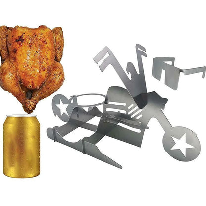 Steel motorcycle-shaped chicken roasting rack holding upright chicken with beer can on barbecue grill