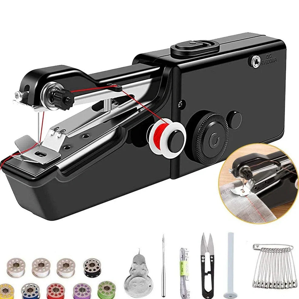 Black handheld electric sewing machine with ruler, scissors, and thread coils on white background