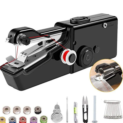 Black handheld electric sewing machine with ruler, scissors, and thread coils on white background