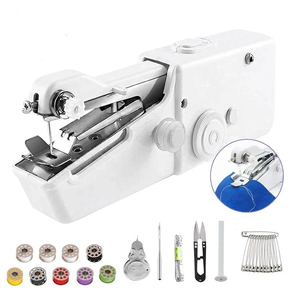 Black handheld electric sewing machine with ruler, scissors, and thread coils on white background