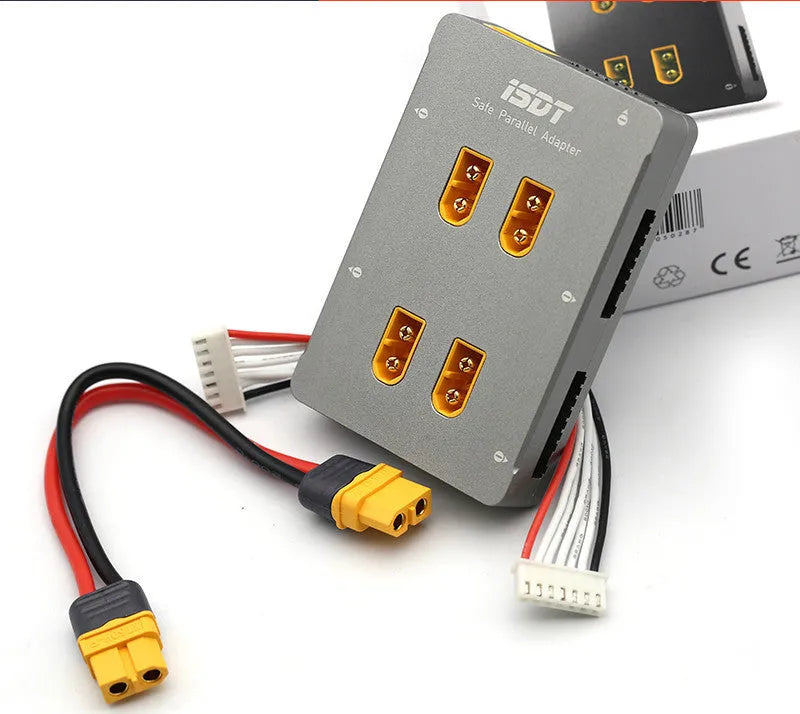 Grey Astor parallel charging board for RC aircraft with six pairs of labelled battery terminals