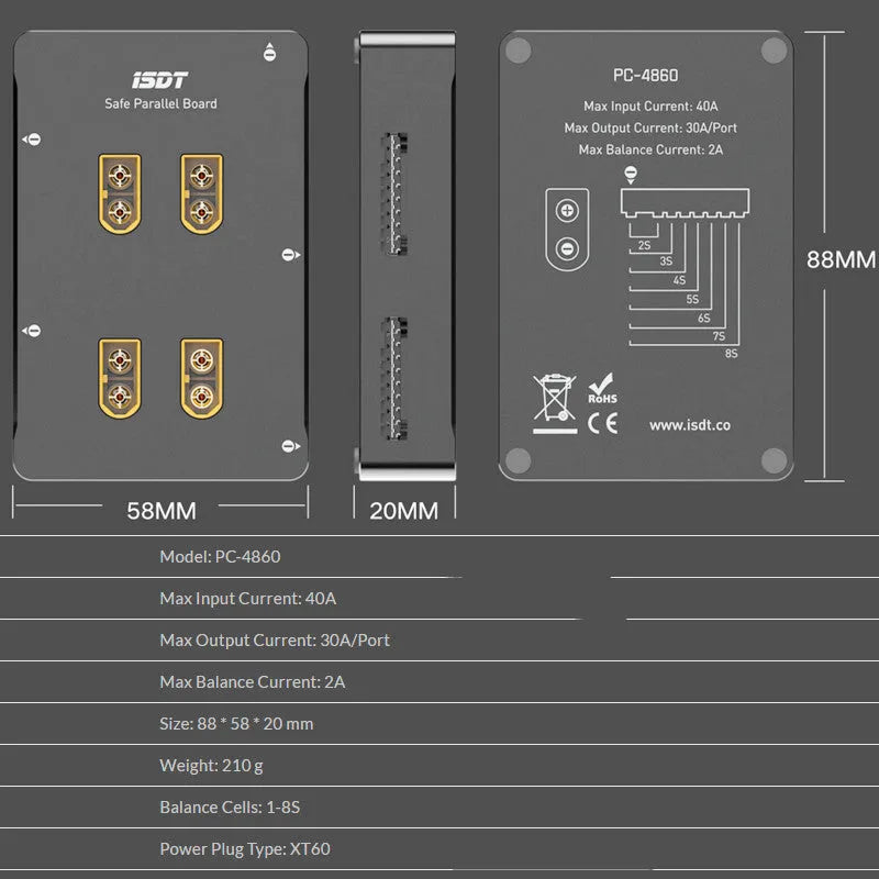 Grey Astor parallel charging board for RC aircraft with six pairs of labelled battery terminals