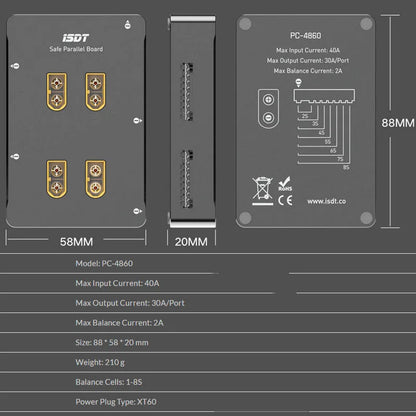 Grey Astor parallel charging board for RC aircraft with six pairs of labelled battery terminals