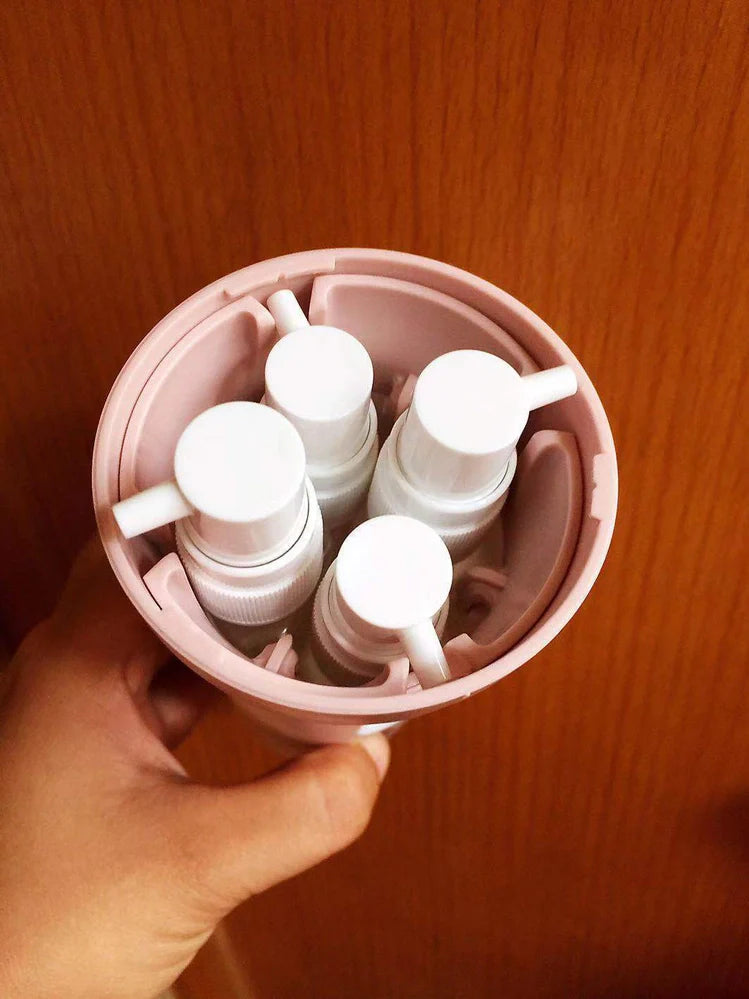 4-in-1 travel bottling set with four 12ml bottles measuring 48×48×133mm