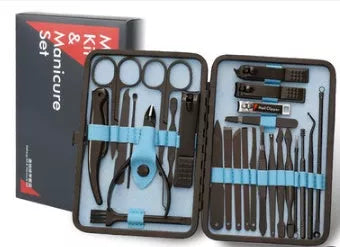 25-26 piece dazzling black manicure set with high-quality steel tools in a compact case