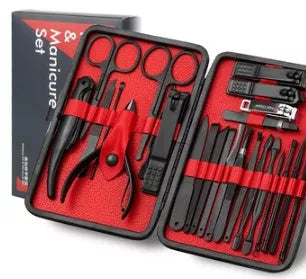 25-26 piece dazzling black manicure set with high-quality steel tools in a compact case