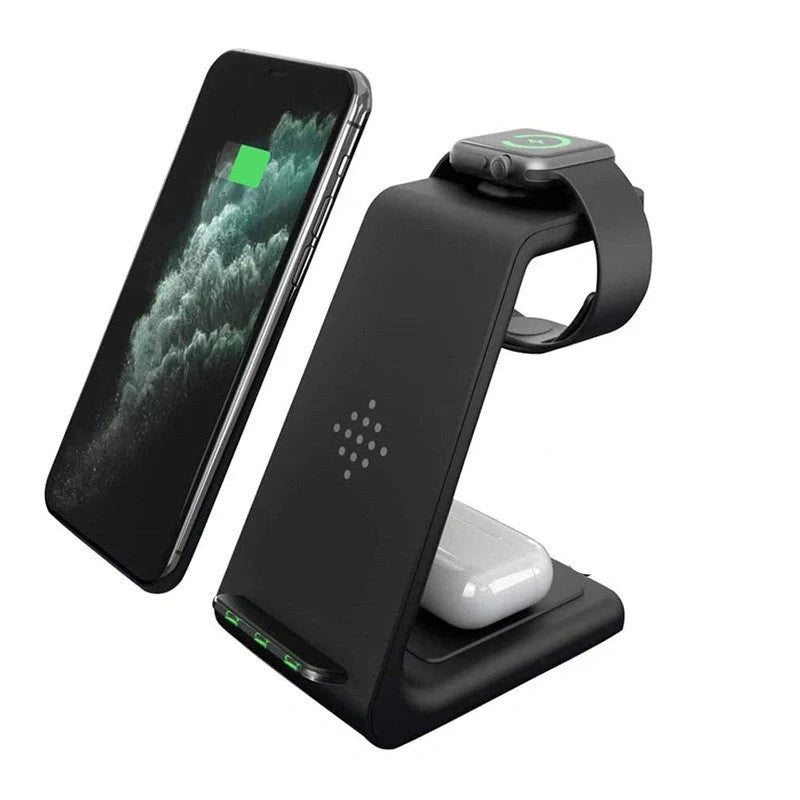 3-in-1 wireless charging stand for iPhone12, iWatch6, and AirPods with compact design