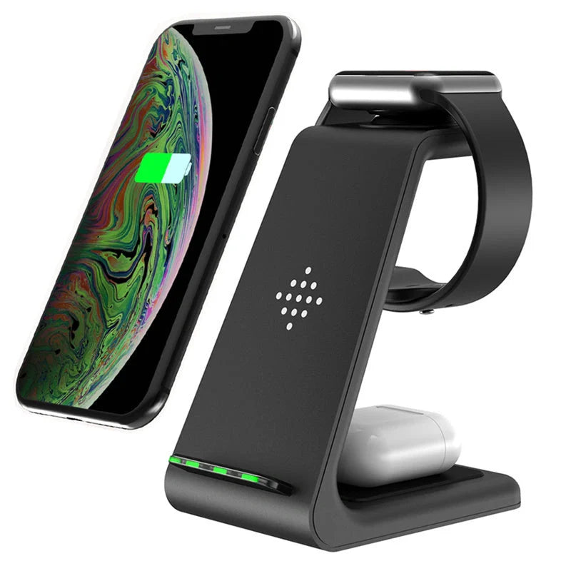 3-in-1 wireless charging stand for iPhone12, iWatch6, and AirPods with compact design