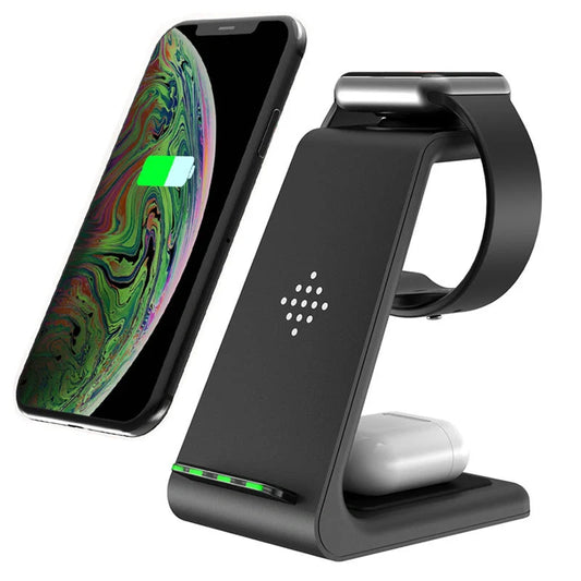 3-in-1 wireless charging stand for iPhone12, iWatch6, and AirPods with compact design