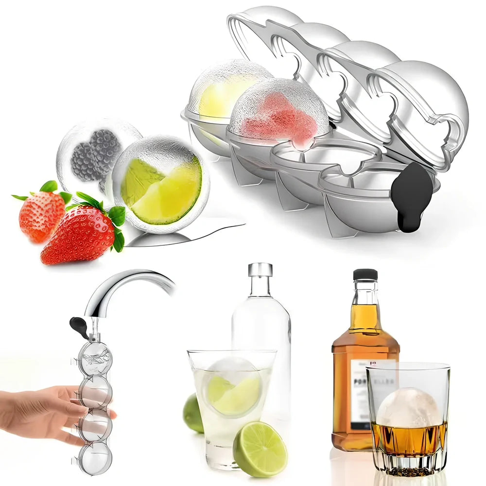 Four-hole spherical ice mould with transparent body and black silicone cover producing 5.5cm ice cubes