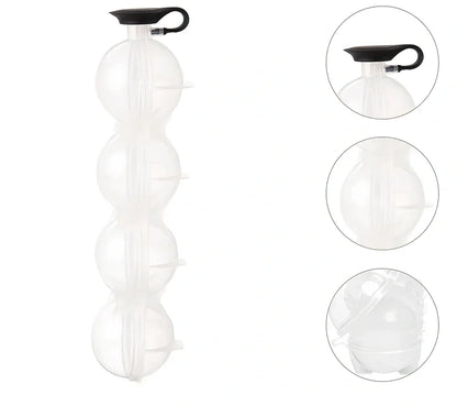 Four-hole spherical ice mould with transparent body and black silicone cover producing 5.5cm ice cubes