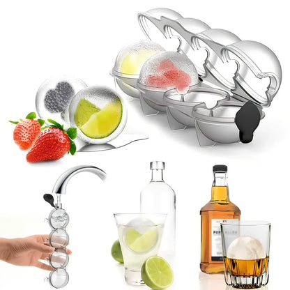 Four-hole spherical ice mould with transparent body and black silicone cover producing 5.5cm ice cubes