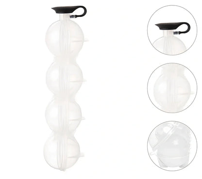 Four-hole spherical ice mould with transparent body and black silicone cover producing 5.5cm ice cubes