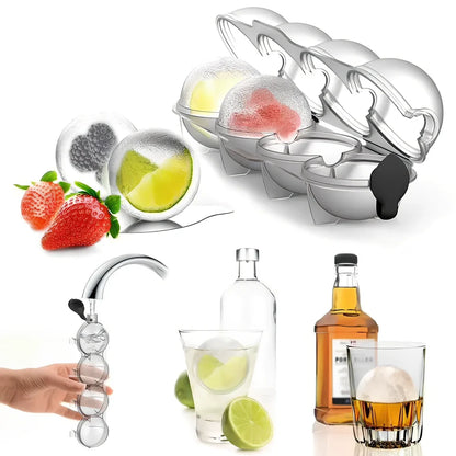 Four-hole spherical ice mould with transparent body and black silicone cover producing 5.5cm ice cubes