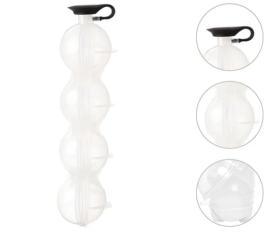 Four-hole spherical ice mould with transparent body and black silicone cover producing 5.5cm ice cubes
