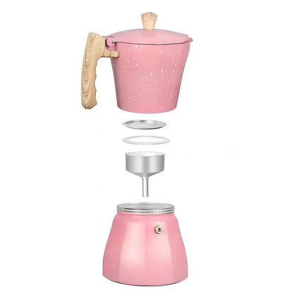 Pink octagonal aluminium Turkish coffee pot with 300ml capacity measurement markings