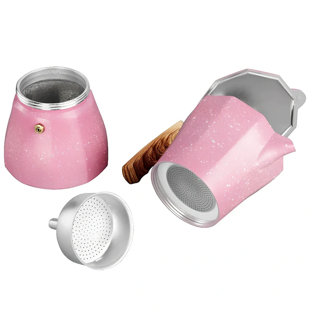 Pink octagonal aluminium Turkish coffee pot with 300ml capacity measurement markings