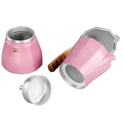 Pink octagonal aluminium Turkish coffee pot with 300ml capacity measurement markings
