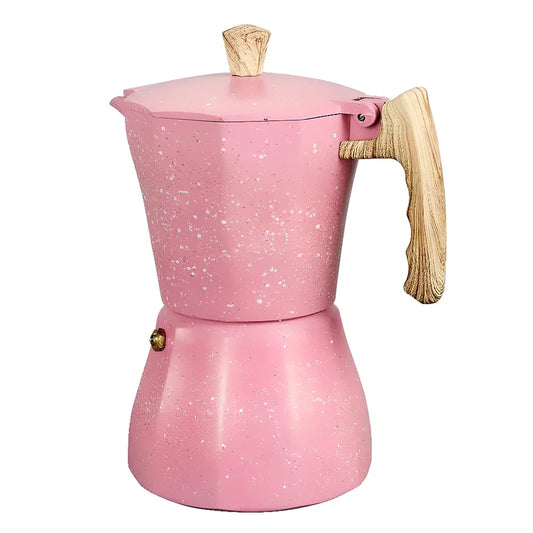 Pink octagonal aluminium Turkish coffee pot with 300ml capacity measurement markings