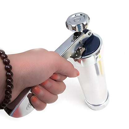 Stainless steel cookie press with 20 pattern discs for making uniform biscuits