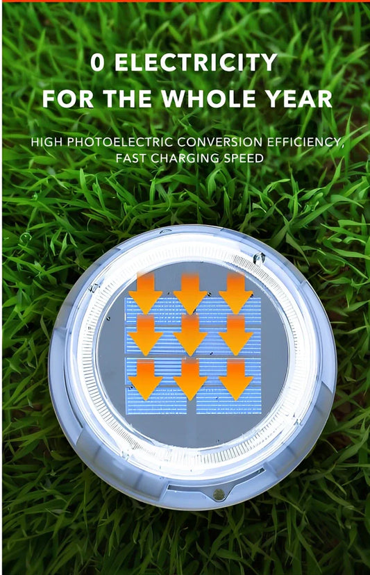 8 LED solar garden light with 135mm diameter, IP67 waterproof rating, and automatic sensor for outdoor use