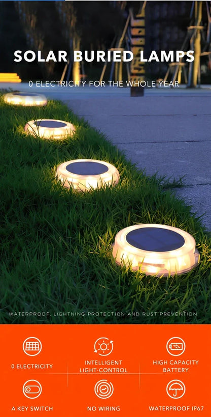 8 LED solar garden light with 135mm diameter, IP67 waterproof rating, and automatic sensor for outdoor use