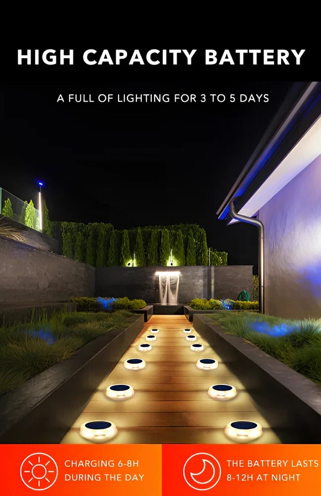 8 LED solar garden light with 135mm diameter, IP67 waterproof rating, and automatic sensor for outdoor use