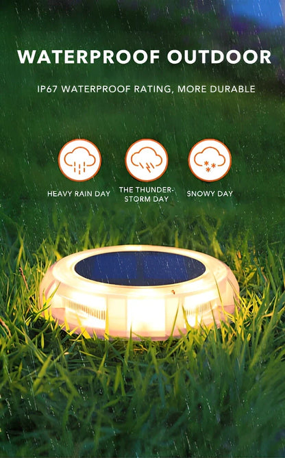 8 LED solar garden light with 135mm diameter, IP67 waterproof rating, and automatic sensor for outdoor use