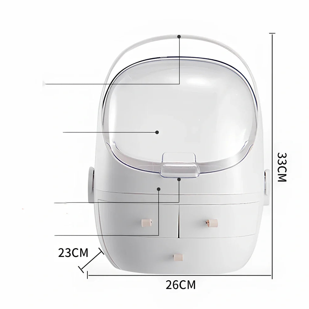 White cosmetic storage box with 40.5cm width on dressing table with skincare products