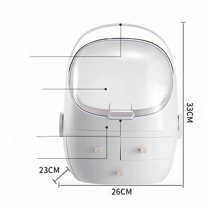 White cosmetic storage box with 40.5cm width on dressing table with skincare products