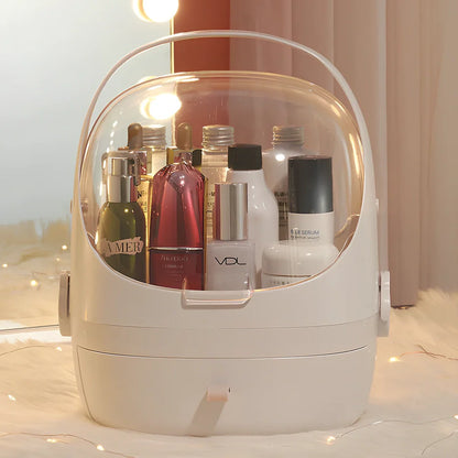 White cosmetic storage box with 40.5cm width on dressing table with skincare products