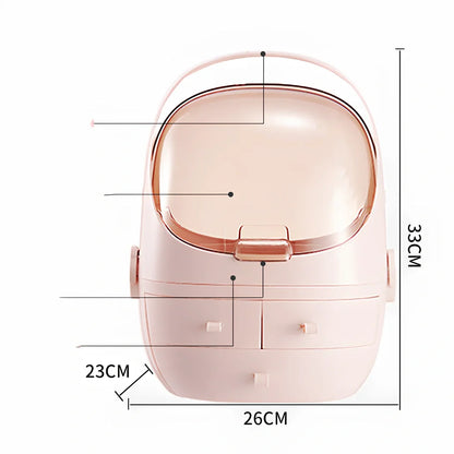 White cosmetic storage box with 40.5cm width on dressing table with skincare products