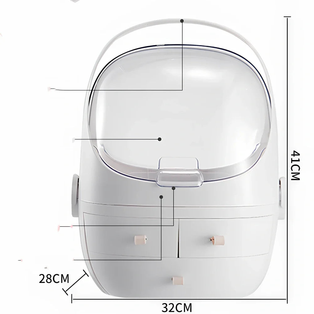 White cosmetic storage box with 40.5cm width on dressing table with skincare products