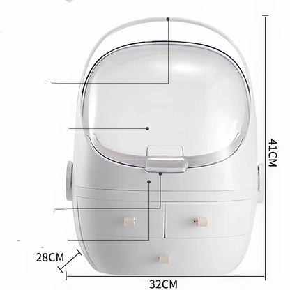 White cosmetic storage box with 40.5cm width on dressing table with skincare products