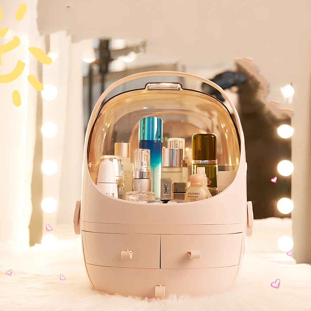 White cosmetic storage box with 40.5cm width on dressing table with skincare products