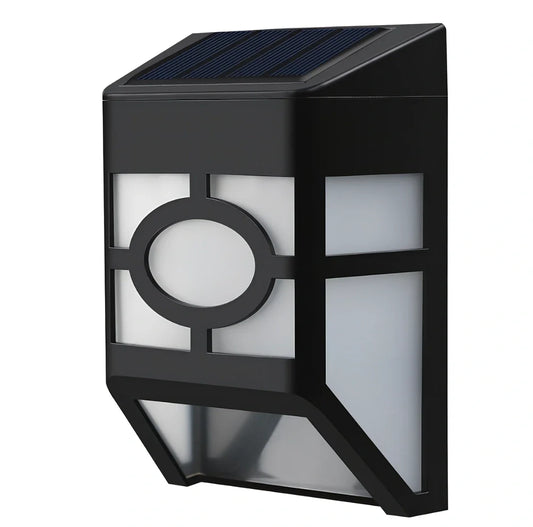 Solar wall light with retro design measuring 89mm length 52mm width 114mm height with 2 LED configuration