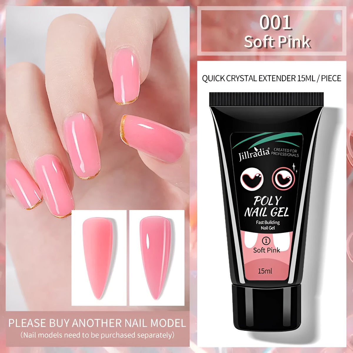 15ml crystal extension gel phototherapy model gel in eight shades including soft pink, clear and rose pink