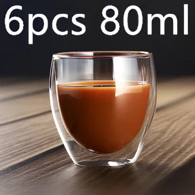 Clear double-layer glass coffee cup with Chinese-style design showing insulating air gap between walls