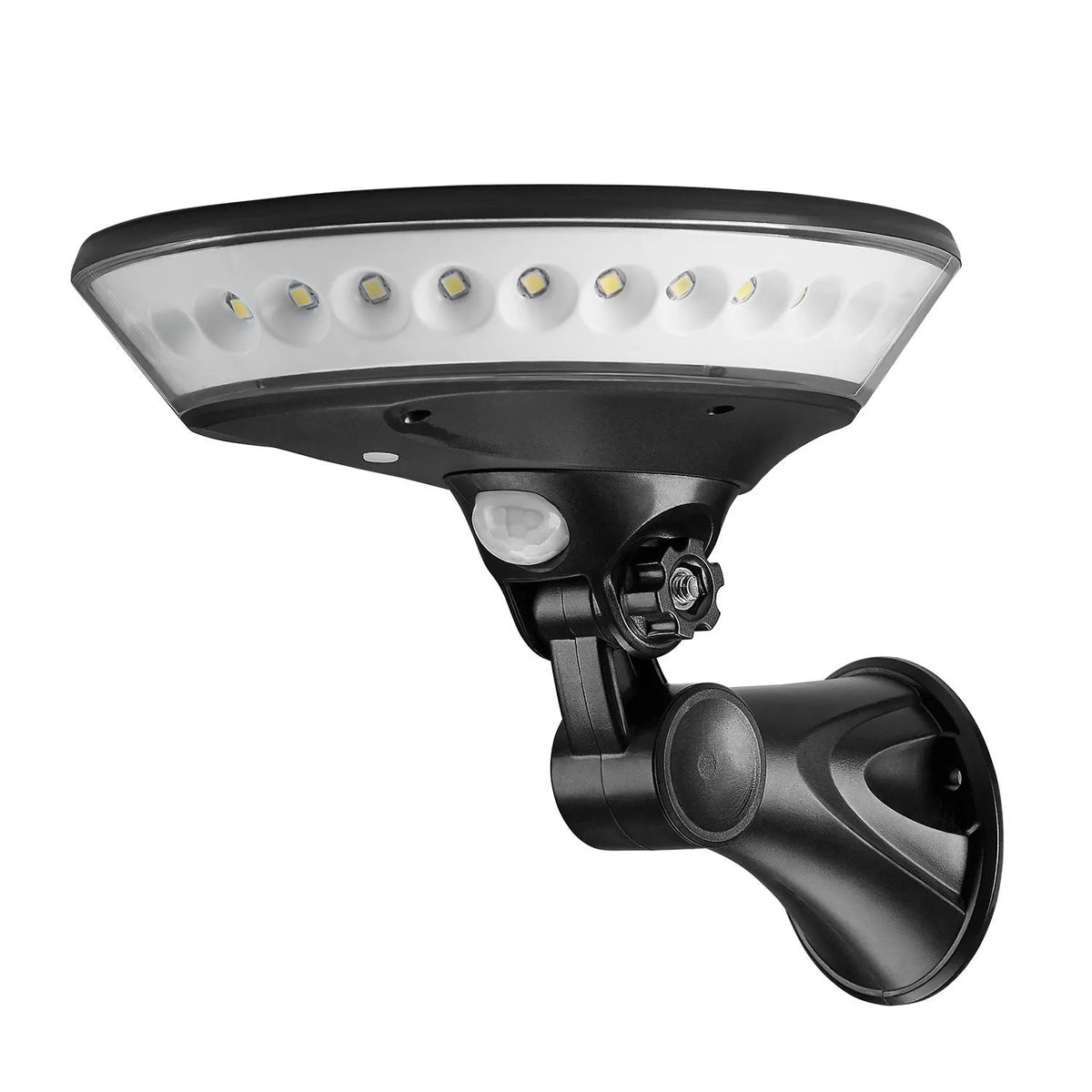 360-degree solar garden light with motion sensor showing 450lm brightness and IP65 waterproof rating