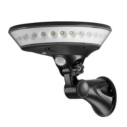 360-degree solar garden light with motion sensor showing 450lm brightness and IP65 waterproof rating