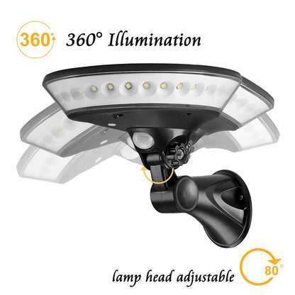 360-degree solar garden light with motion sensor showing 450lm brightness and IP65 waterproof rating