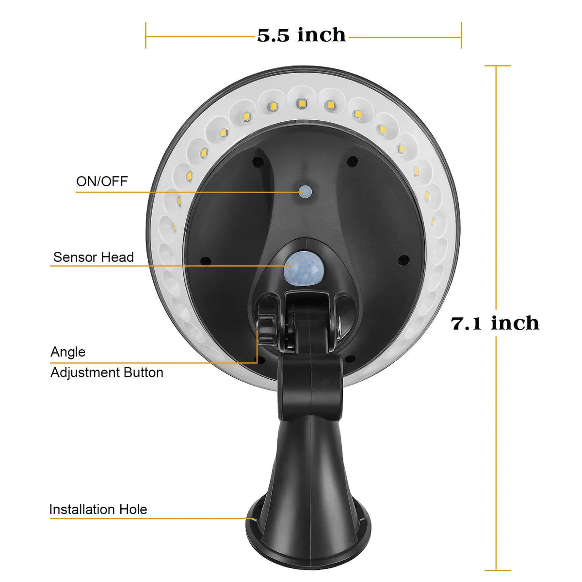 360-degree solar garden light with motion sensor showing 450lm brightness and IP65 waterproof rating