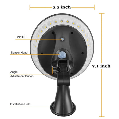 360-degree solar garden light with motion sensor showing 450lm brightness and IP65 waterproof rating
