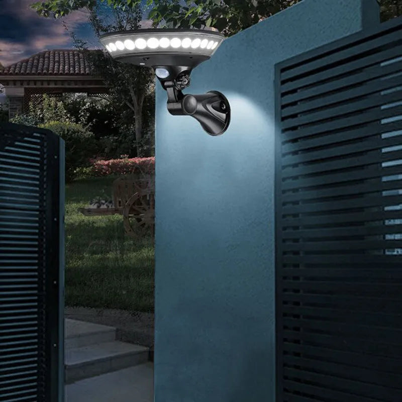 360-degree solar garden light with motion sensor showing 450lm brightness and IP65 waterproof rating
