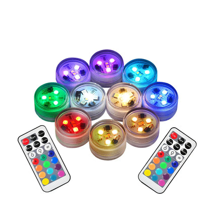 LED aquarium lighting kit showing 10 RGB lights and remote controls for fish tank illumination