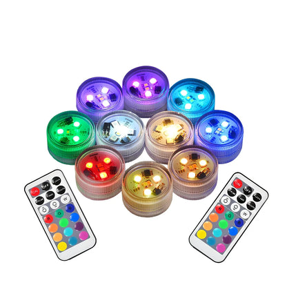 LED aquarium lighting kit showing 10 RGB lights and remote controls for fish tank illumination
