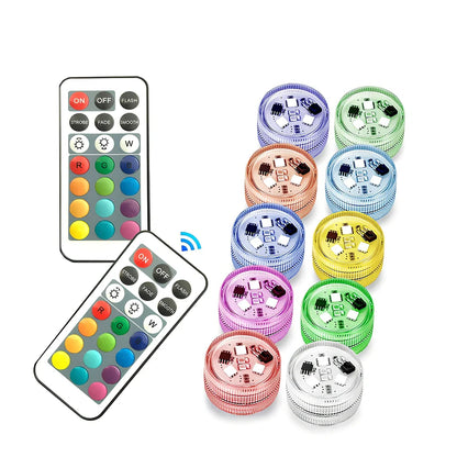 LED aquarium lighting kit showing 10 RGB lights and remote controls for fish tank illumination