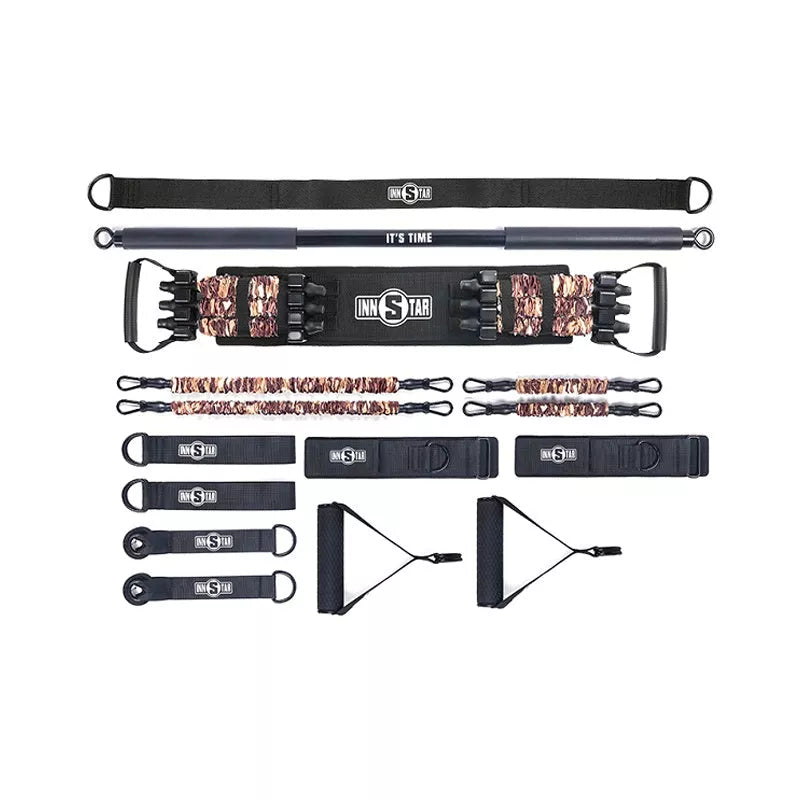 Multifunctional bench press resistance band set in camouflage colors with workout bar