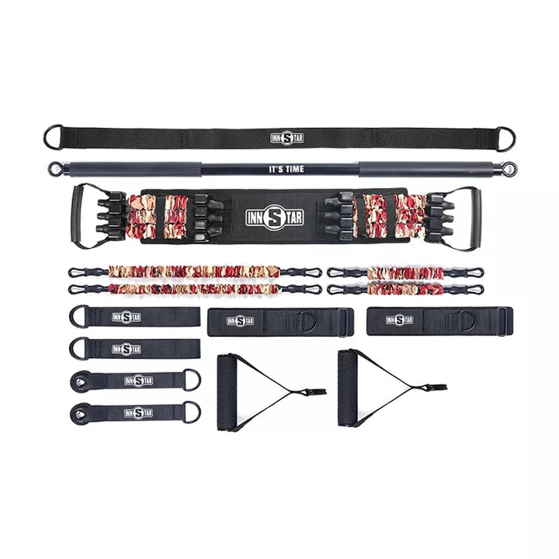 Multifunctional bench press resistance band set in camouflage colors with workout bar